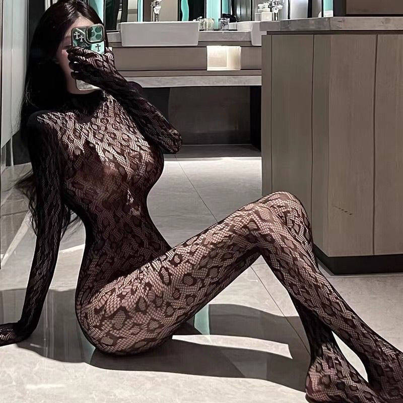 Full-Body Leopard Print Mesh Clothing European and American See-Through Sexy Sexy Jumpsuit Tight Fishnet Stockings Gloves One-Piece Mesh Stockings for Women