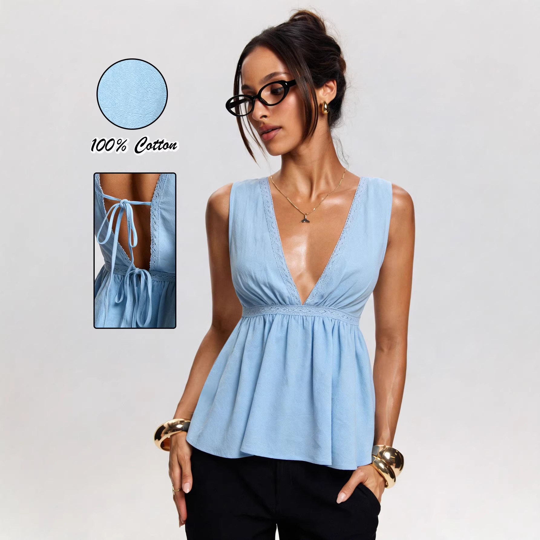 French Style Deep V Neck Sleeveless Top Light Blue Backless Elegant Design Perfect for Spring and Summer Wholesale