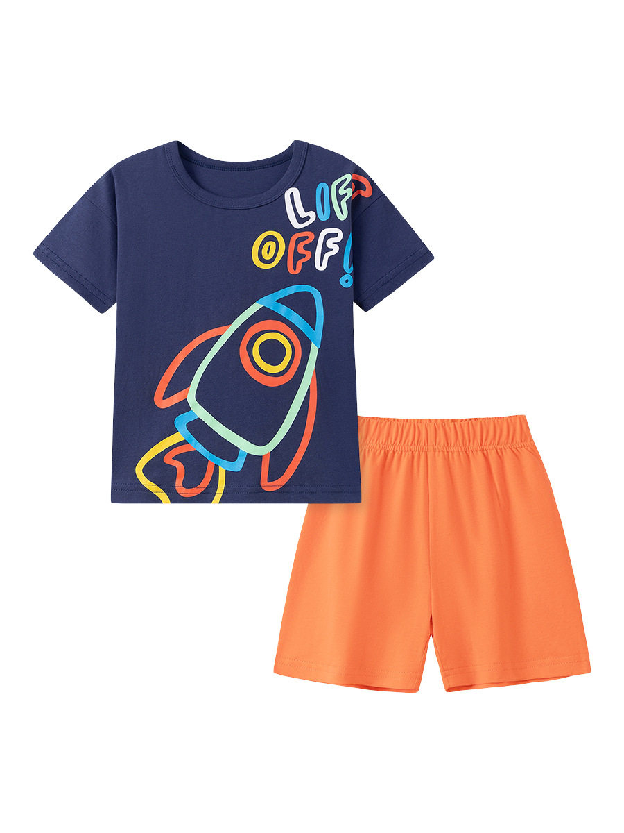 Children's Clothing Dropshipping & Distribution, Summer Short-sleeve Boys' Set, Cartoon Rocket Kids' Set Wholesale