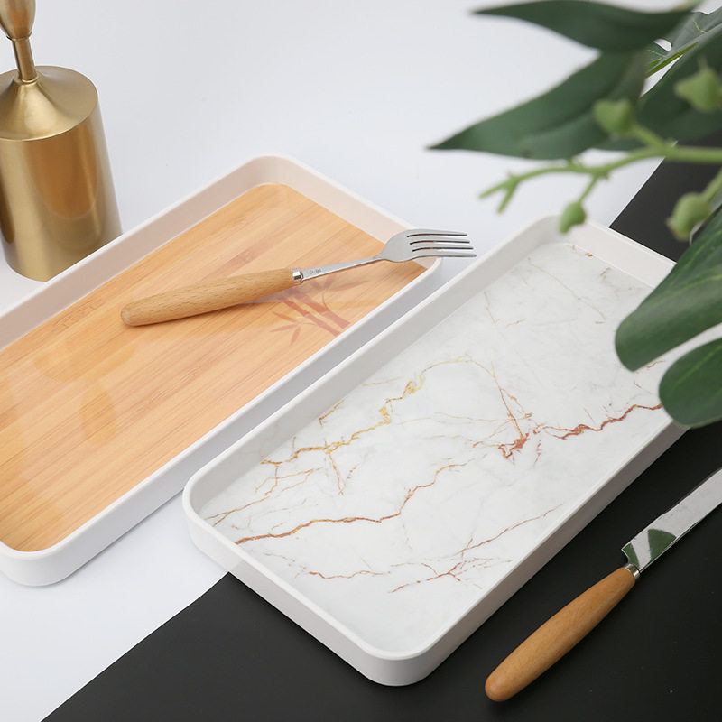 Scandinavian Melamine New Rectangular Imitation Marble Pattern Home Living Room Hotel Cup Tea Set Storage Plastic Tray