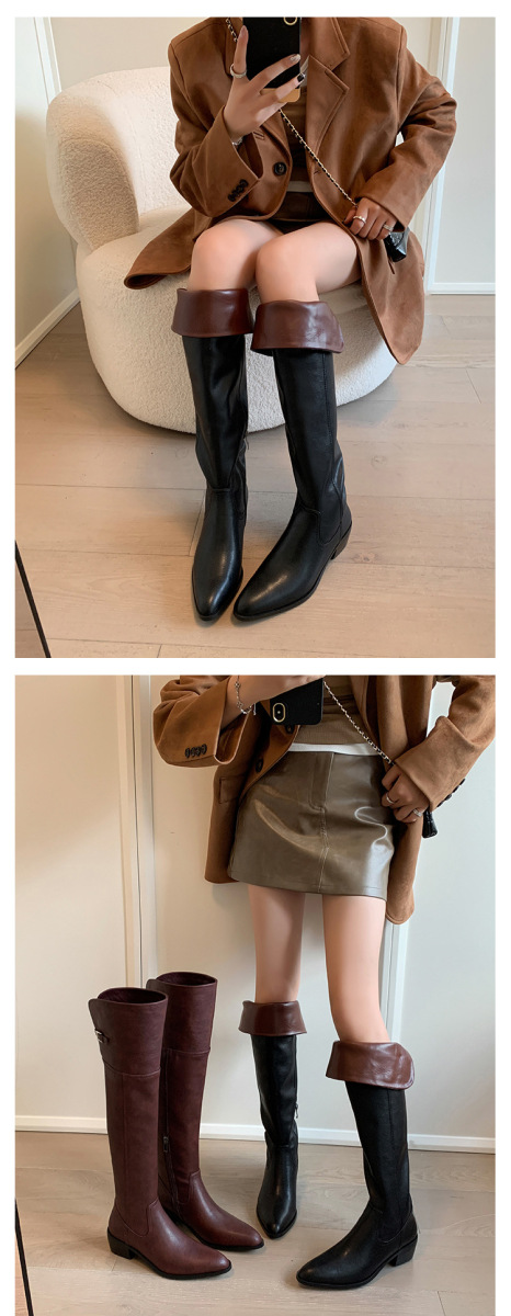 Boot nữ cổ cao quá gối da bò gót thô 5cm mũi nhọn phong cách tối giản — Lớp lót đơn màu đen, Lớp lót đơn màu đỏ neo, Lớp lót nhung đen, Mỏ neo nhung đỏ
