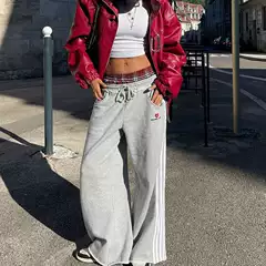 European and American Tk Cross-Border American Retro Striped Embroidered Sports Casual Pants, Loose Fit, Unisex, Double Waistband, Faux Two-Piece Sweatpants