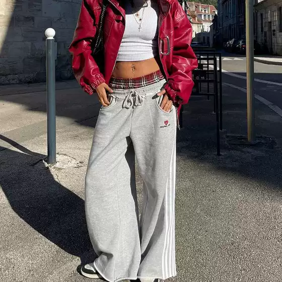 European and American Tk Cross-Border American Retro Striped Embroidered Sports Casual Pants, Loose Fit, Unisex, Double Waistband, Faux Two-Piece Sweatpants