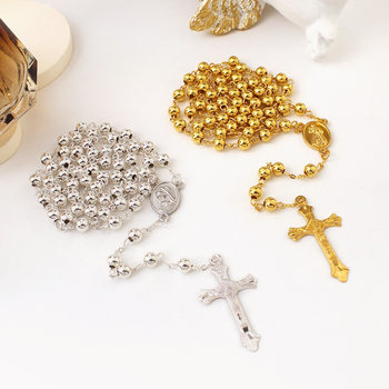 Foreign Trade New Gold-Plated 6mm Imitation Gold Iron Beads Rosary Long Necklace Exquisite Cross Pendant Round Beads Men's and Women's Necklaces
