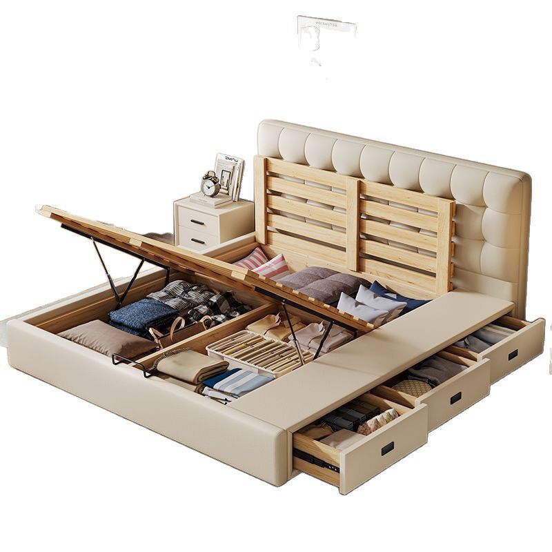 Modern Simple Leather High Box Master Bedroom Double Bed Small Apartment Drawer Wooden Bed Multi-Functional Soft Bag Air Pressure Storage Bed