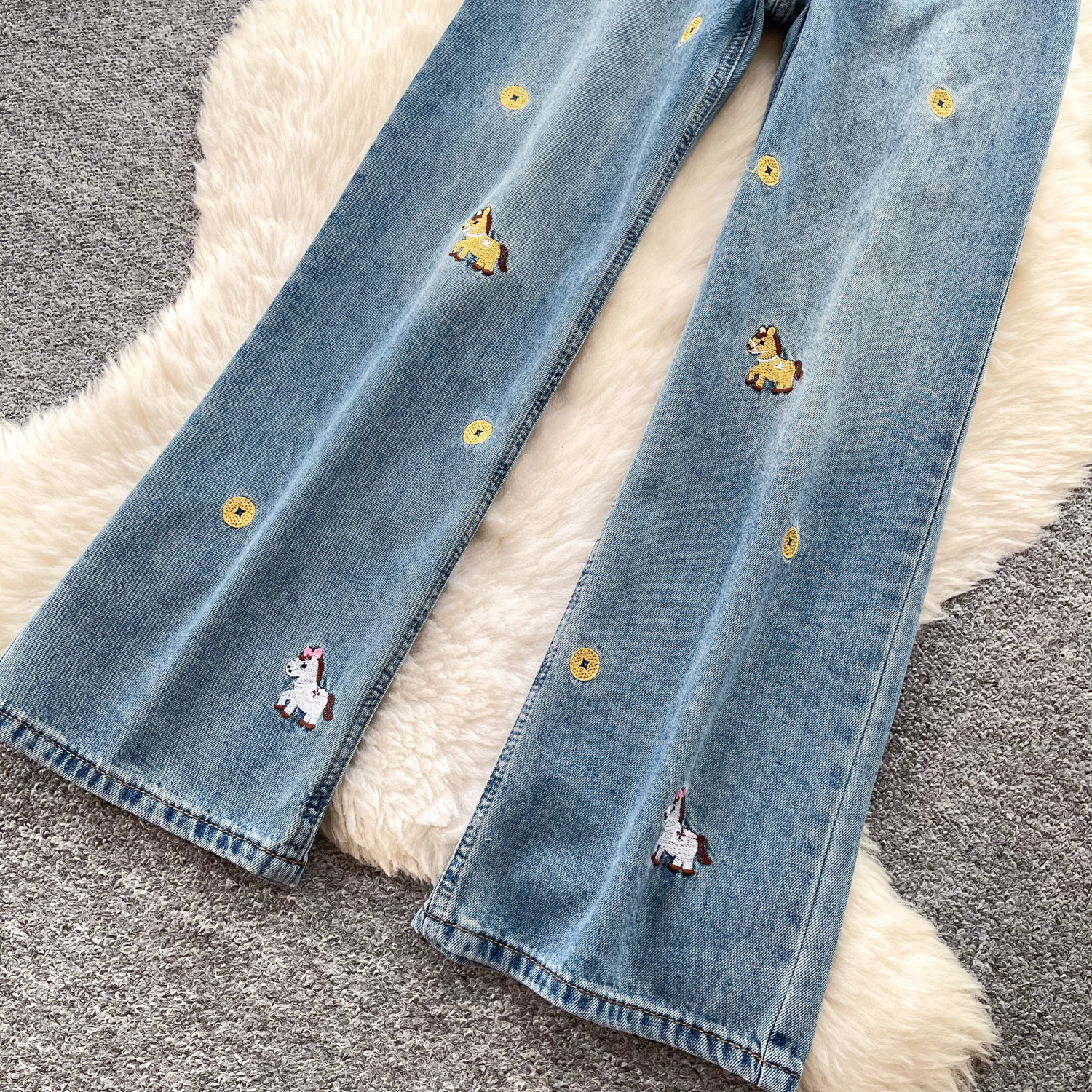 High Waisted Cartoon Embroidered Wide Leg Jeans for Women Summer Casual Loose Fit Blue Available in Small Sizes
