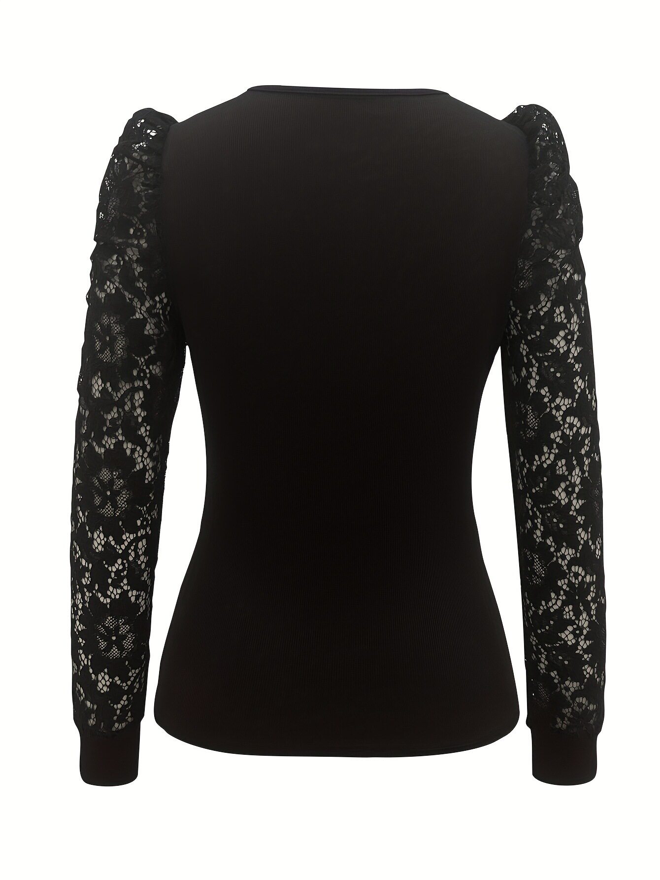 Black Beaded Womens T Shirt Slim Fit Lace Panel Long Sleeve Street Style Casual Wear Ready to Ship