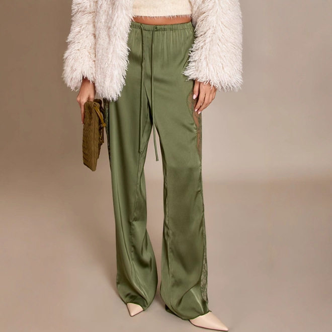 Womens Satin Lace Loose Fitting Floor Length Pants Solid Color Fashionable Elegant Design Perfect for Parties and