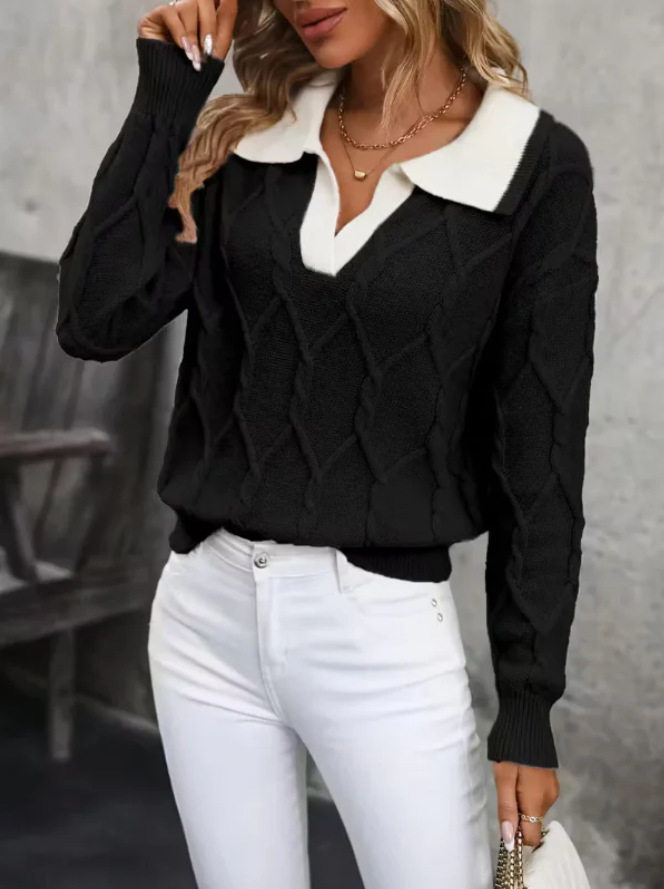 Elegant Womens Color Block Knit Sweater Long Sleeve Lapel Collar Autumn Winter Style Wholesale Available
