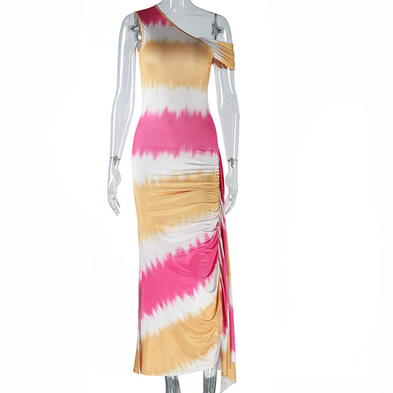 Sleeveless Asymmetrical Shoulder Dress Fashionable Print Mid Length Irregular Hem Autumn Wear Wholesale Available