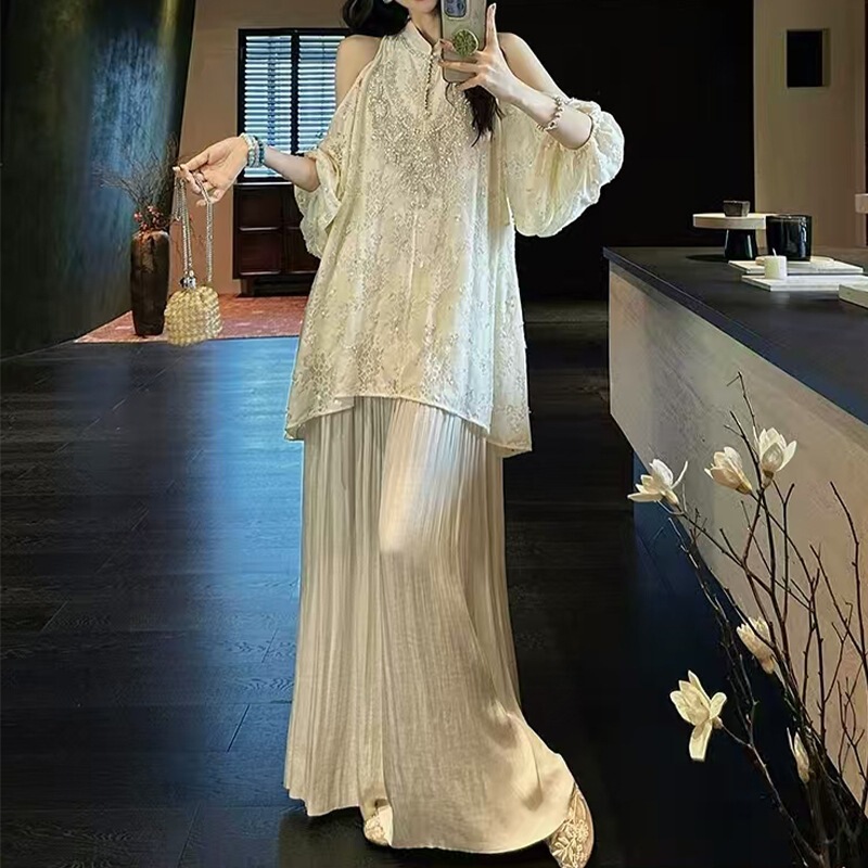 Đầm suông nữ thêu thủ công trễ vai tay phồng dáng dài — Màu nâu kaki - Chất lượng cao, Trắng cực quang, Xanh tuyết núi