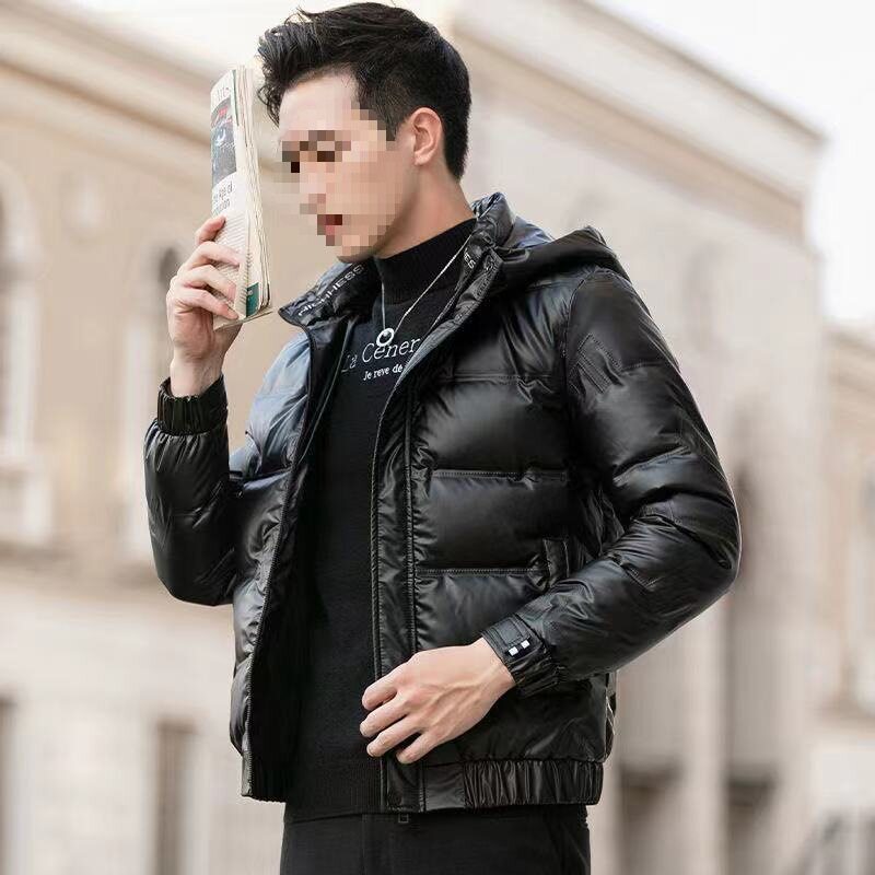 Cross-Border Winter Men's New Trendy Men's Glossy down Jacket Stand Collar Hooded Removable White Duck down Light and Short Jacket