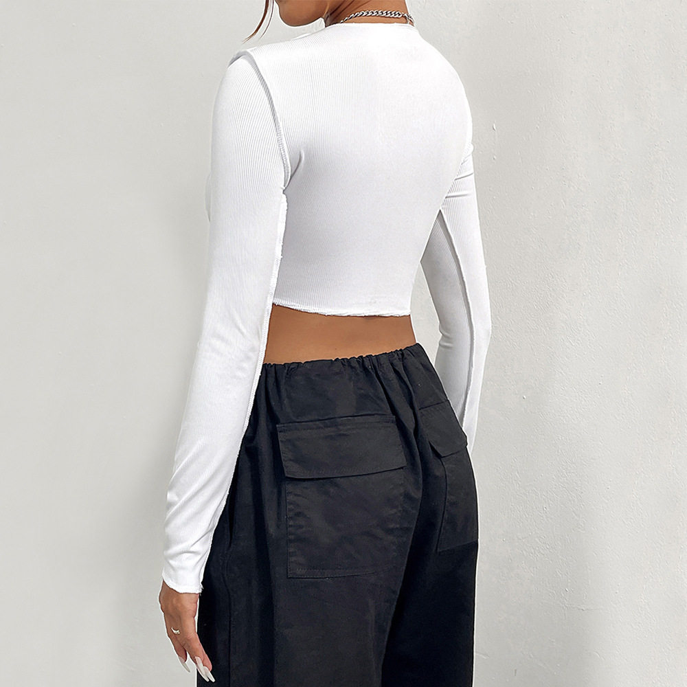 Womens Hollow Out Tie Front Crop Top Round Neck Ribbed Fabric Long Sleeve Versatile Style Autumn Winter Collection