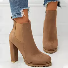 In Stock Ankle Boots Autumn Winter Women's Boots Round Toe Chunky Heel Chelsea Boots Platform Black High Heels Women Booties