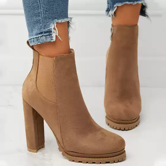 In Stock Ankle Boots Autumn Winter Women's Boots Round Toe Chunky Heel Chelsea Boots Platform Black High Heels Women Booties