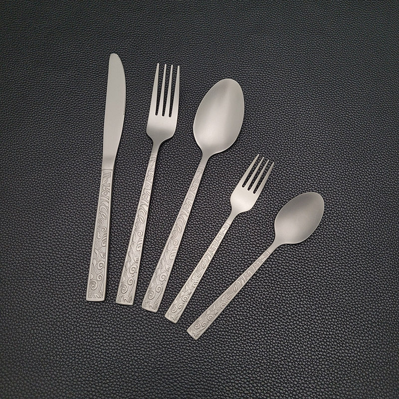 Factory Direct Sales Stainless Steel Titanium Purification Knife, Fork and Spoon Persian Pattern High-End Western Tableware Steak Knife and Fork Five-Piece Set