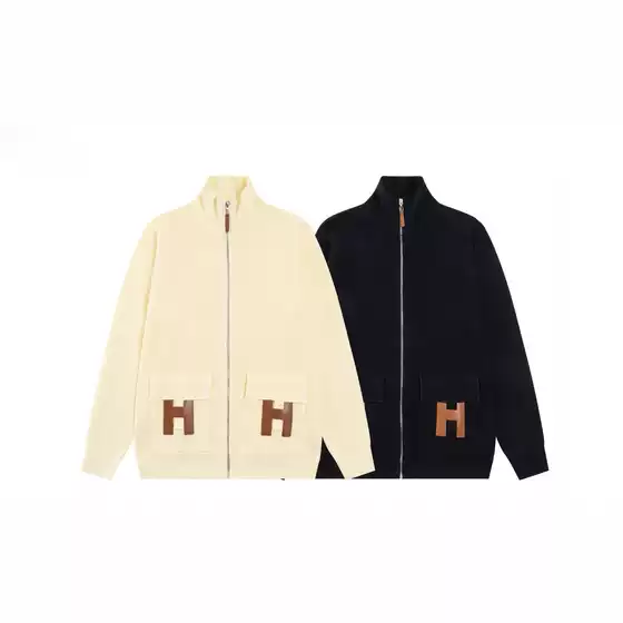 Autumn and Winter New European and American Trendy Brand Cross-Border European Goods He Pocket Letter Slimming Cardigan Wool Sweater Long Sleeve for Men and Women
