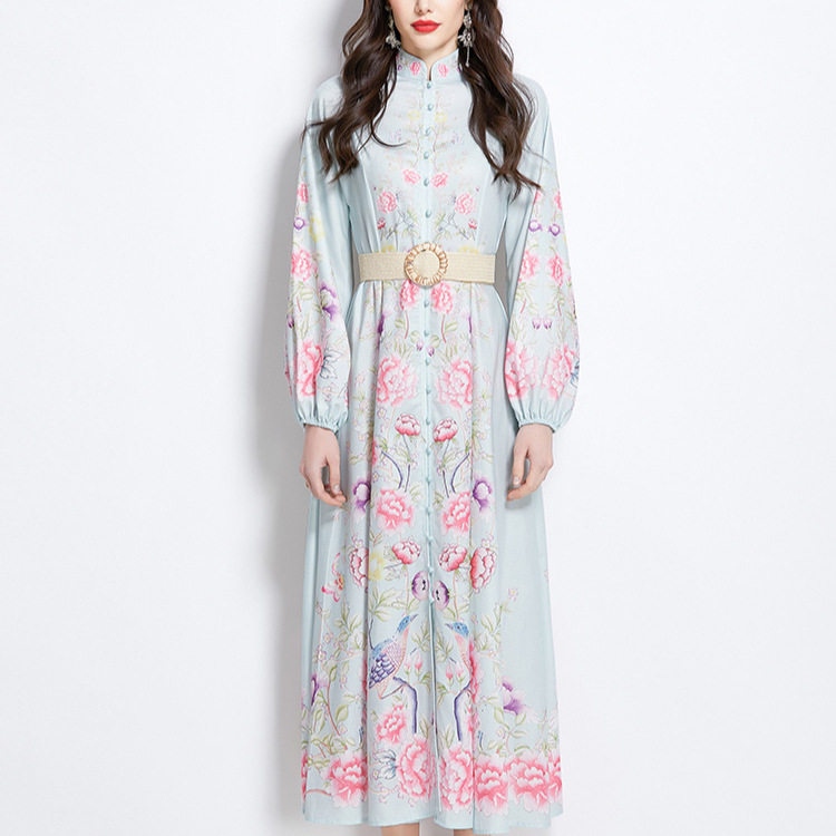 Womens Vacation Dress Elegant Floral Print Lantern Sleeves Waist Defined Button Up Maxi Length Perfect for