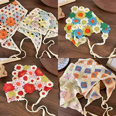 French Retro Knitted Headscarf Women's Toe Seaside Travel Sweet Cute Crochet Hollow Triangle Scarf Hair Band Headwear