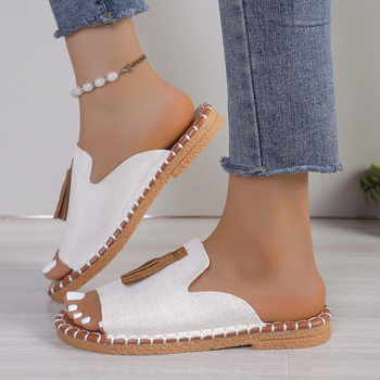 2024 new women's shoes European and American foreign trade women's sandals tassel flat women's plus size 40-43 leopard print beach shoes