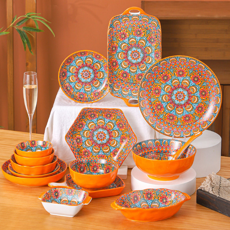 Gypsy Bowl plate suit household tableware orange ceramic bowl plate suit housewarming New Home Bowl set retro