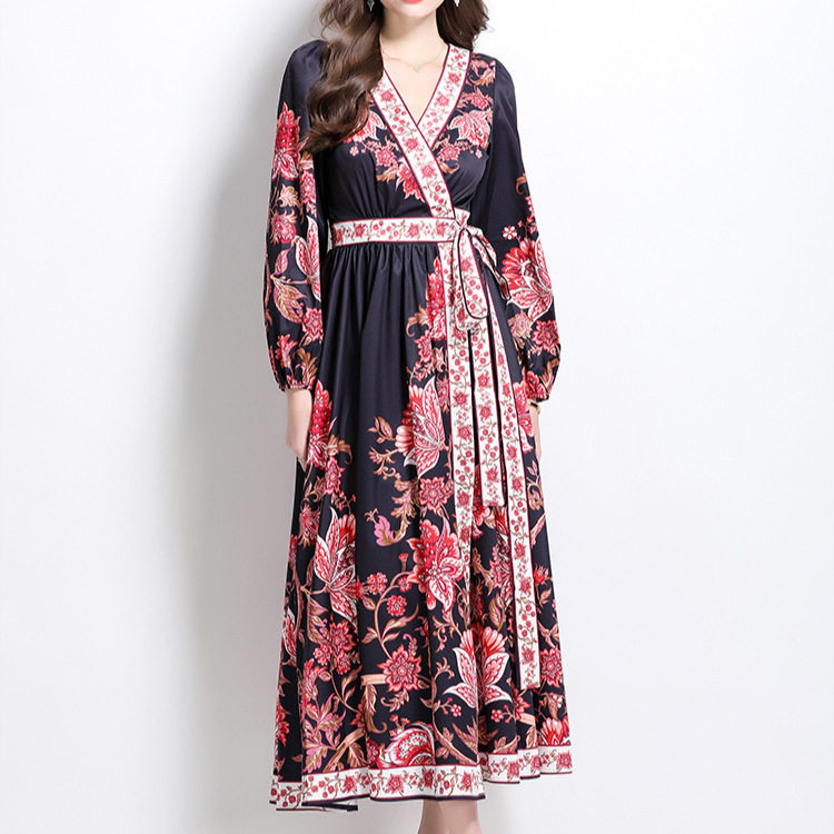 Vintage Floral Print Maxi Dress for Women Cross V Neck Waist Tie Lantern Sleeves Elegant Evening Wear Wholesale