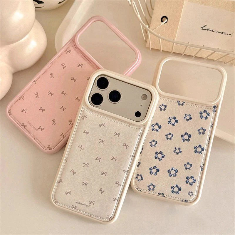 Ins Bow Flower Suitable for Apple 17Promax Mobile Phone Case Ip16 Drum Bag Leather Pattern 15Pro Korean Style 14 Women
