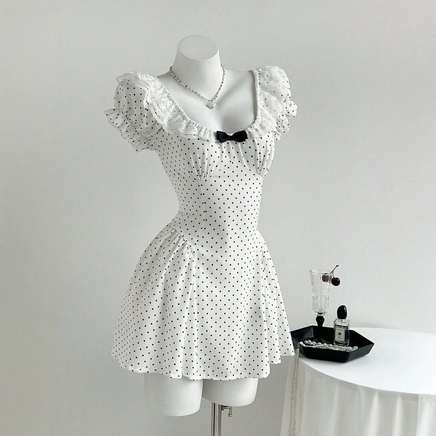 Polka Dot Puff Sleeve Dress with Bow Tie Summer Style Waist Defined Casual Wear Ready to Ship Low MOQ