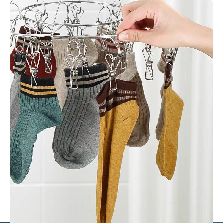 Customized Stainless Steel Round Drying Rack with 20 Clips and 28 Clips for Socks Drying Rack with Double Round Belt and Windproof Buckle Multifunctional Drying Supplies