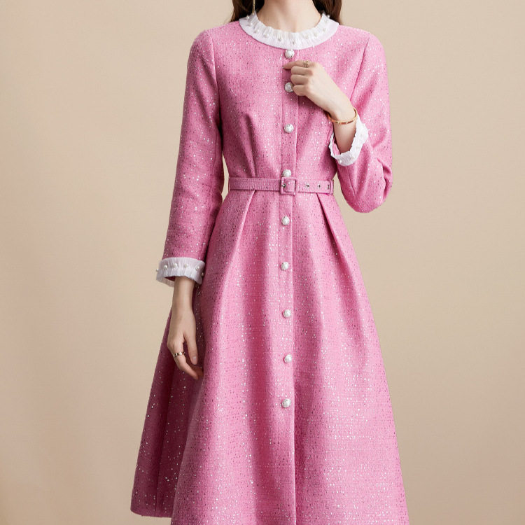 French Vintage Elegant Slim Fit Dress Round Neck Single Breasted Includes Waist Belt Autumn Fashion for Women