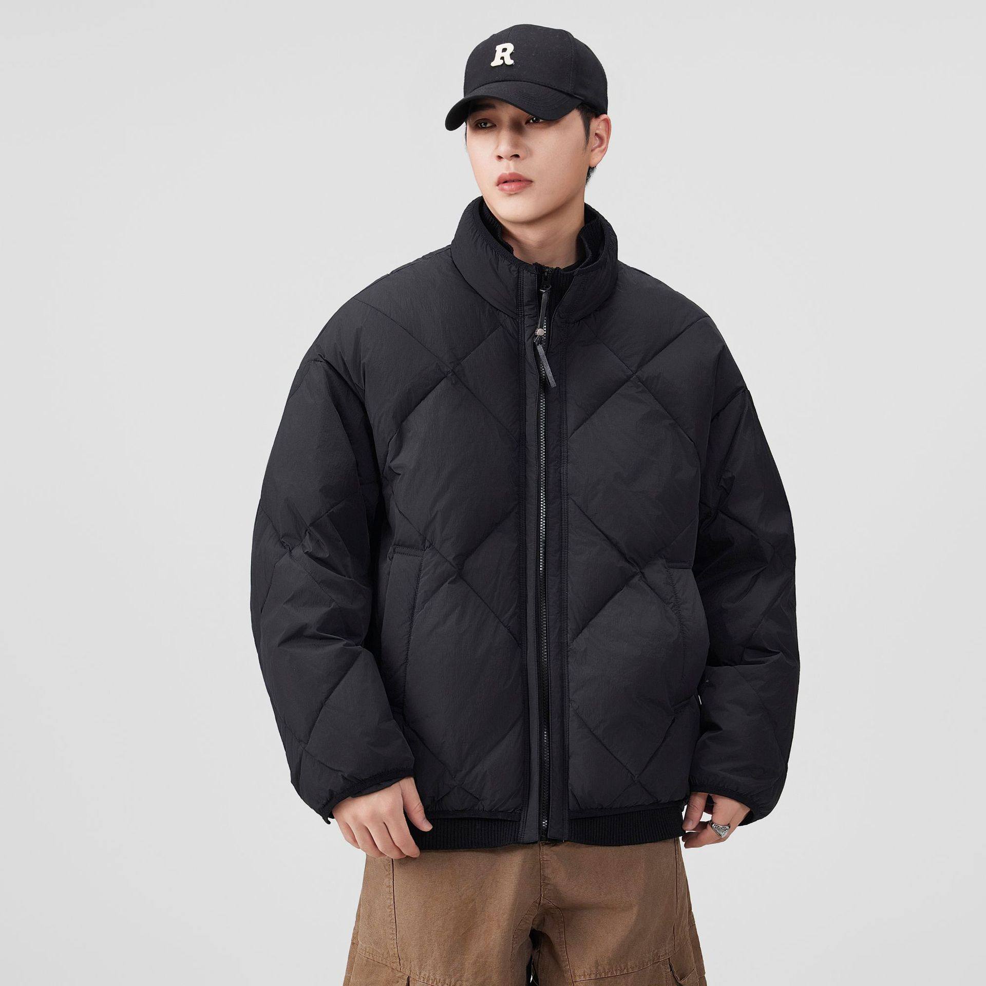 2025 Winter New American Knitted Stand-Up Collar down Jacket Men's Loose Fashionable Warm 90 White Duck down Jacket Trendy