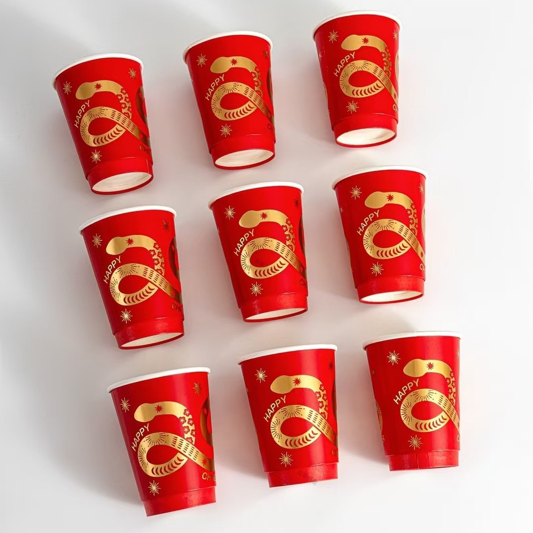 New Year Red Paper Cup Disposable Coffee Cup Hot Drink Milk Tea Commercial Household Thickened Year of the Snake New Year Food Cup