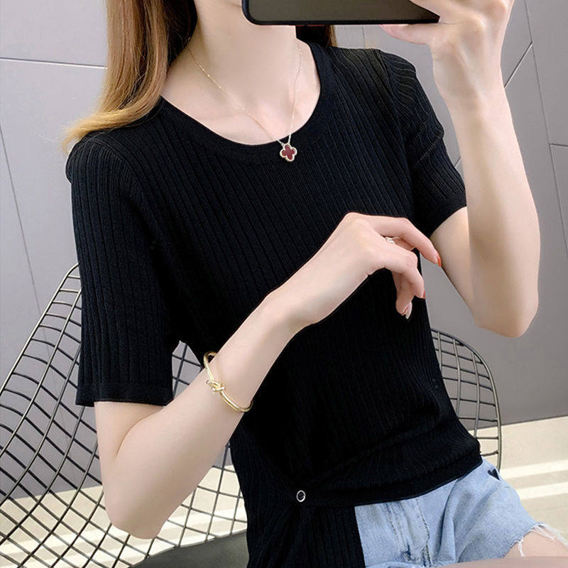 Womens Ice Silk Short Sleeve T Shirt Loose Fit Irregular Hem Summer Casual Wear