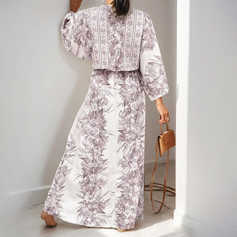 Elegant Floral V Neck Tie Waist Long Dress Spring Collection Womens Fashion Comfortable Fit Wholesale Available
