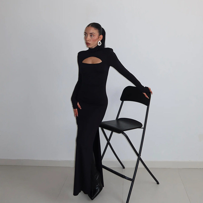 Long Sleeve Bodycon Dress Hollow Out Design Solid Color Elegant Style Perfect for Autumn and Winter Occasions