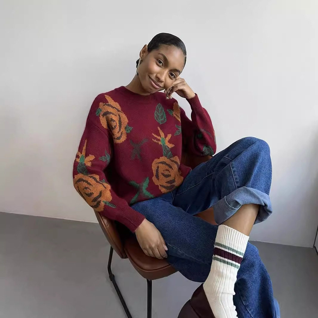 Womens Loose Fit Round Neck Sweater Soft Knit Floral Pattern Cozy Fabric Autumn Winter Fashion Wholesale Available