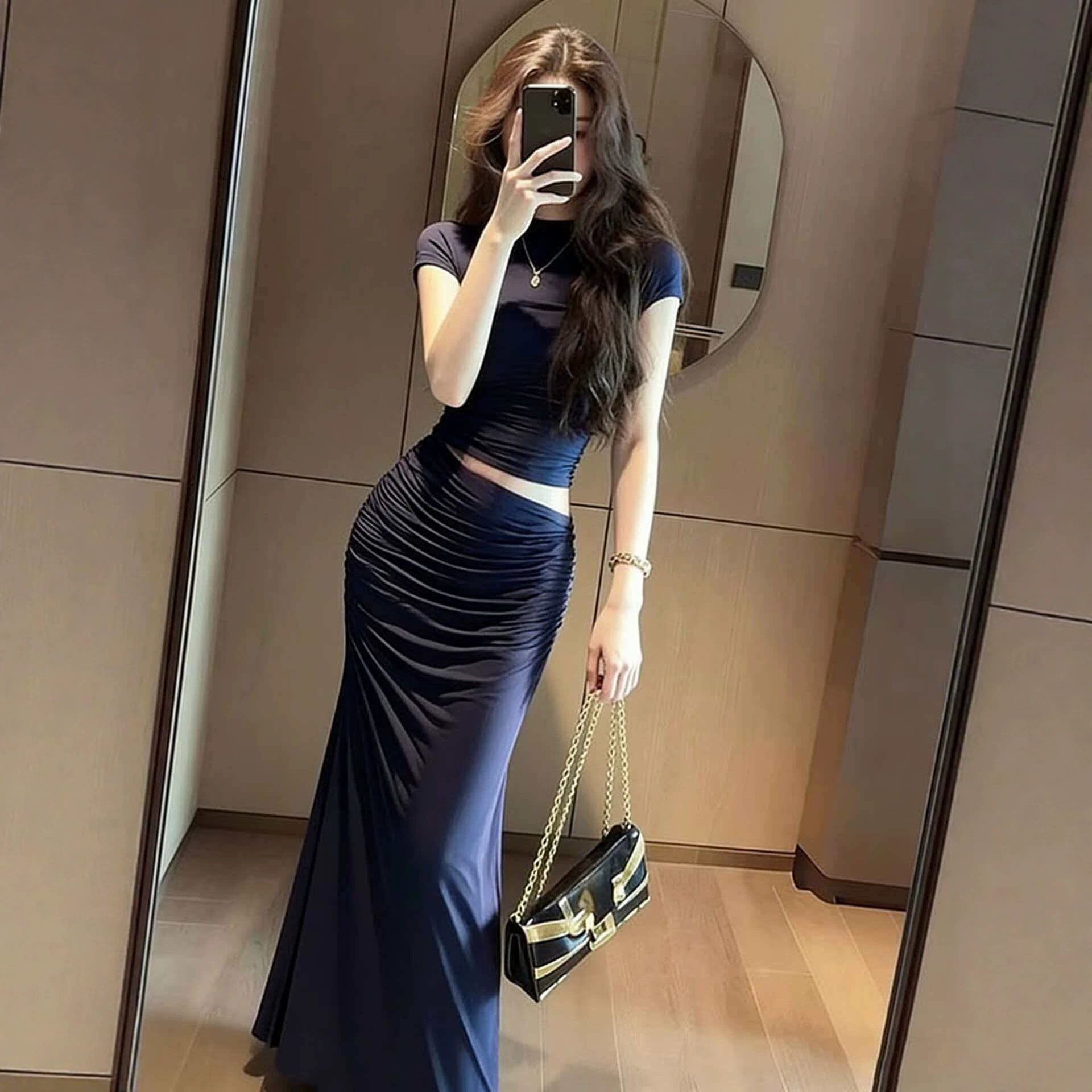 夏季清冷富家千金气质女神范高级感重要场合超好看蓝色连衣裙套装
