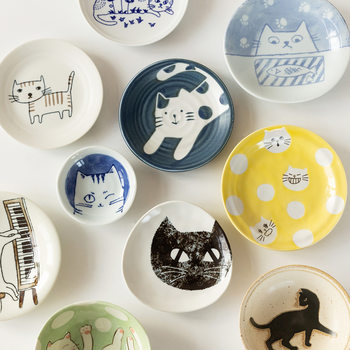 Japanese Imported Mino Ware Ceramic Underglaze Color Cartoon Cat Series Plates Japanese-Style Dessert Plates Household Dish Plates