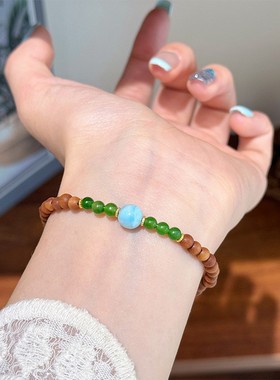 新中式简约复古精致通体925银老山檀海纹石碧玉串珠手串轻奢手饰