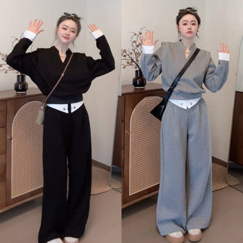 Spring and Autumn European Style Plus-Size Slimming Fashion Casual Women's Wide-Leg Pants Two-Piece Set for Curvy Women 120kg