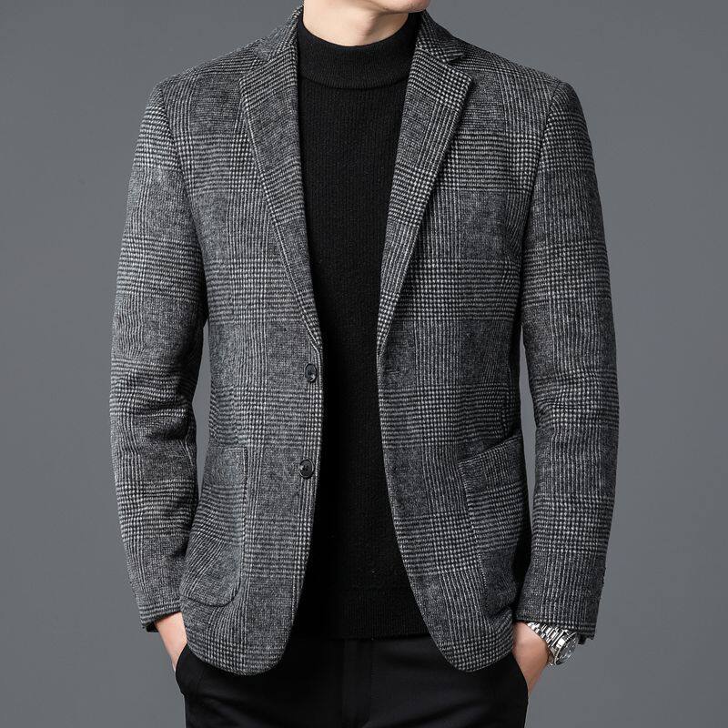 Áo Khoác Blazer Nam Wool Pha Dạ Kẻ Caro Phong Cách Công Sở Màu Xám, Nâu