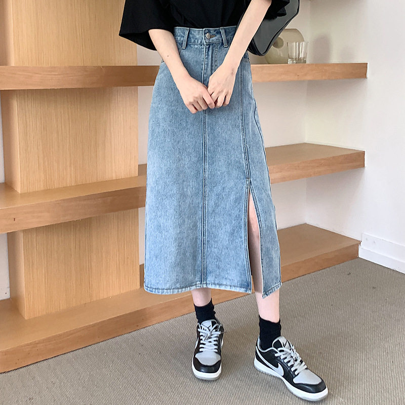 High Waisted Split Denim Skirt Slim Fit Mid Length Elegant Style Spring Summer Fashion Wholesale Available