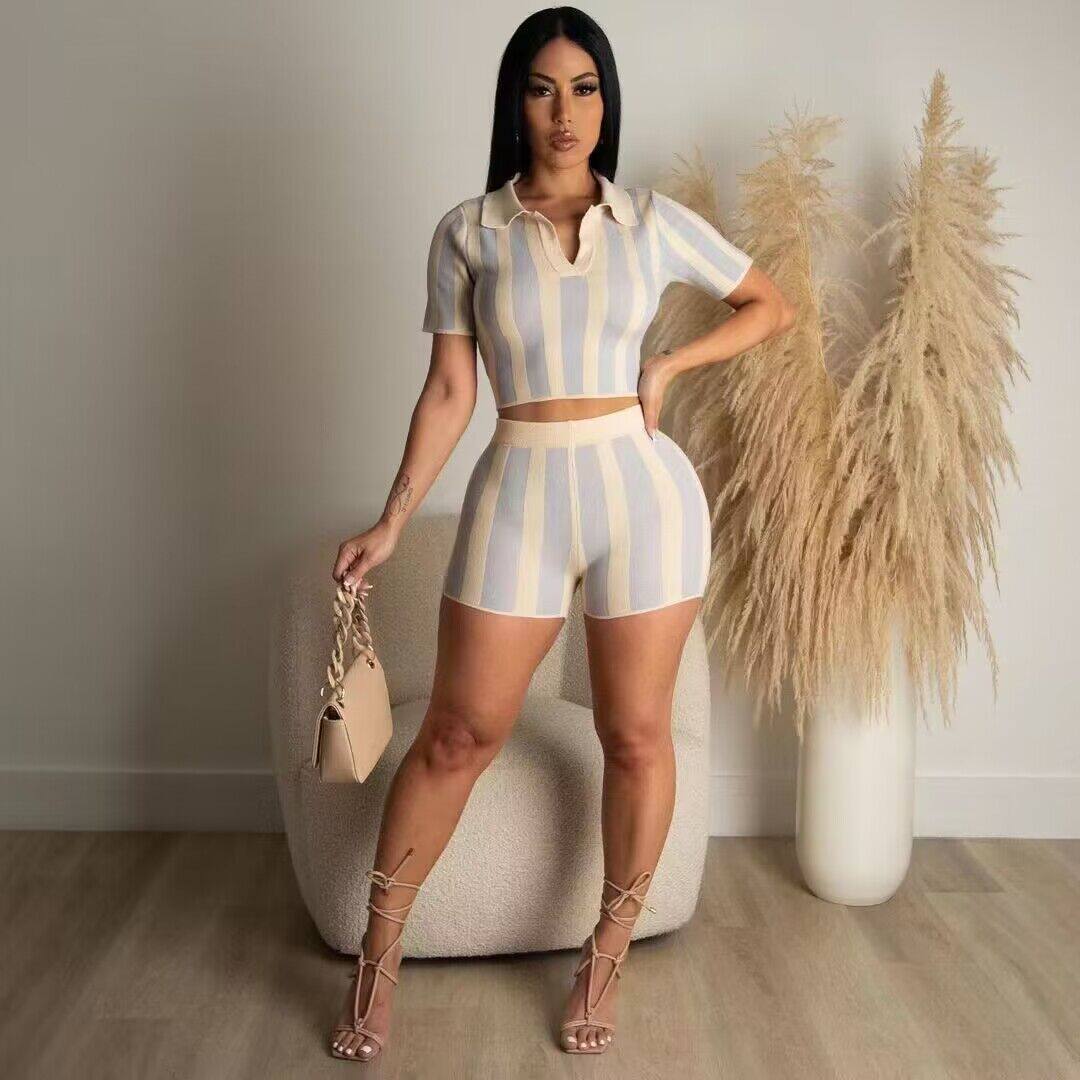 Y5238  欧美女装时尚流行数码坑条印花性感露背短袖两件套