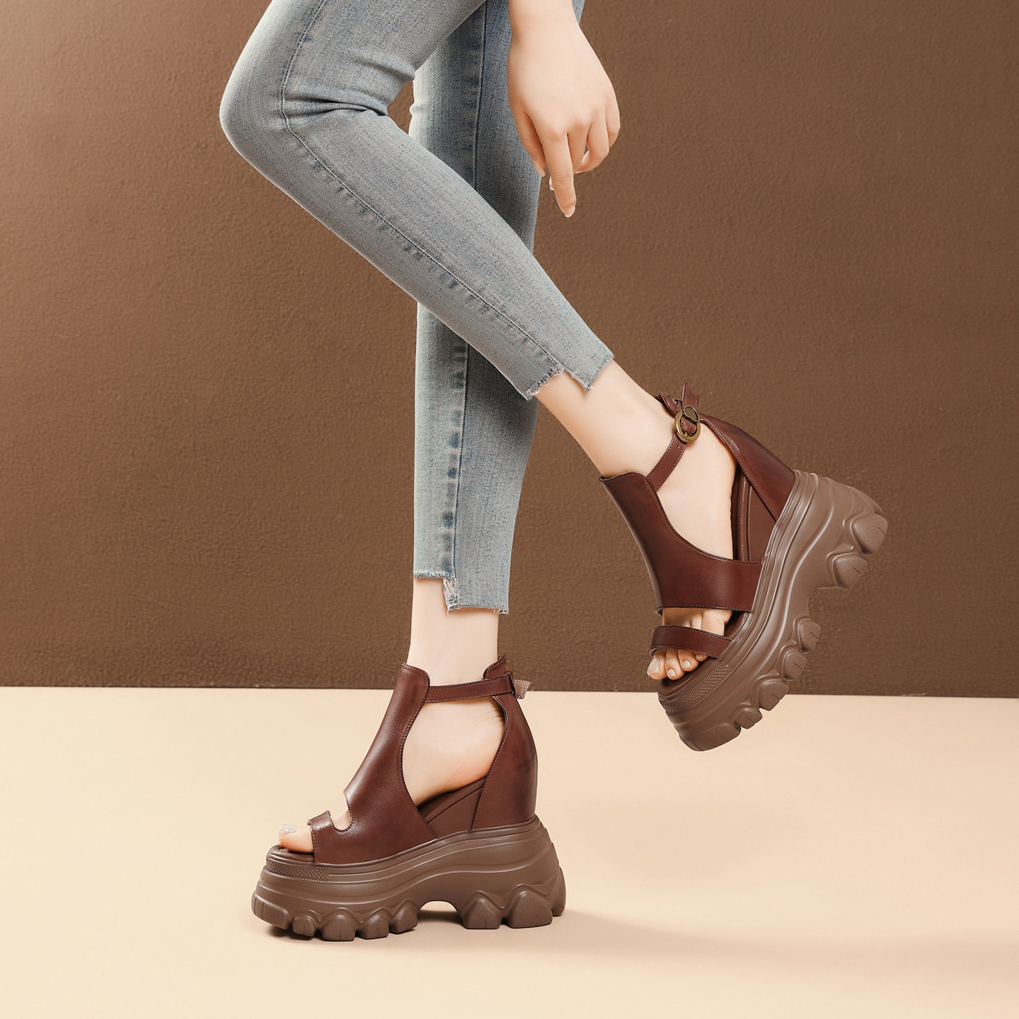 Sandal cao gót nữ hở mũi đế xuồng 14 cm da bò thủ công phong cách vintage — [Đen], [Nâu]