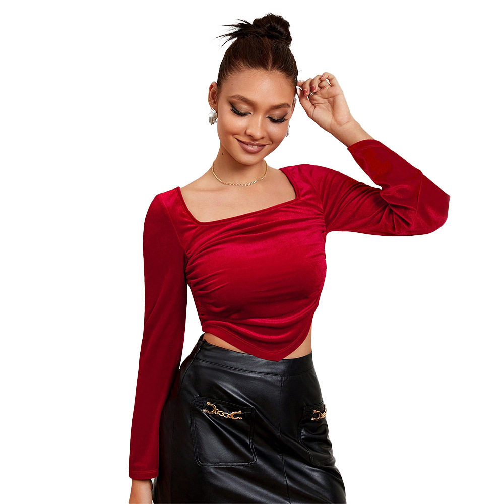 French Vintage Style Square Neck Velvet Top Elegant Womens Blouse Spring Summer Collection Wholesale Available