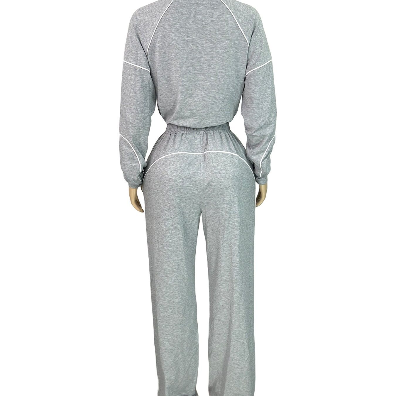 Hr25051 European and American Fashion Women's Elastic Buckle Waist Stripesd Half-Cardigan Sweatshirt Straight Sweatpants Two-Piece Set