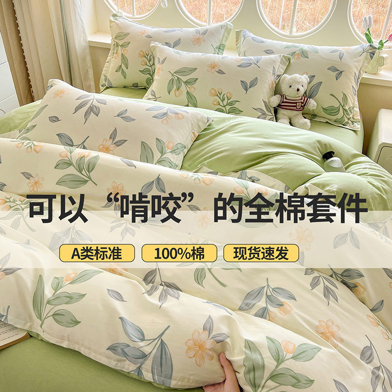 Category a Maternal and Infant Grade 100 Cotton Printed Four-Piece Set Double Cotton Set Student Dormitory Bed Bed Sheets Quilt Cover Three-Piece Set