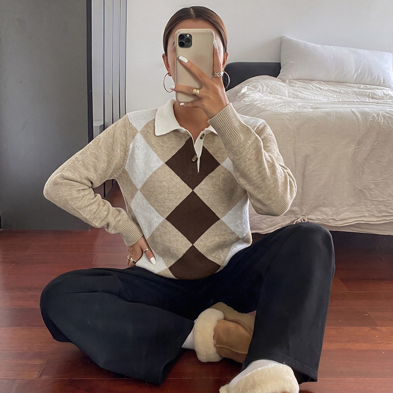 Long Sleeve Sweater Diamond Jacquard Soft and Sweet Style Lapel Collar Perfect for Fall Winter Wholesale Available
