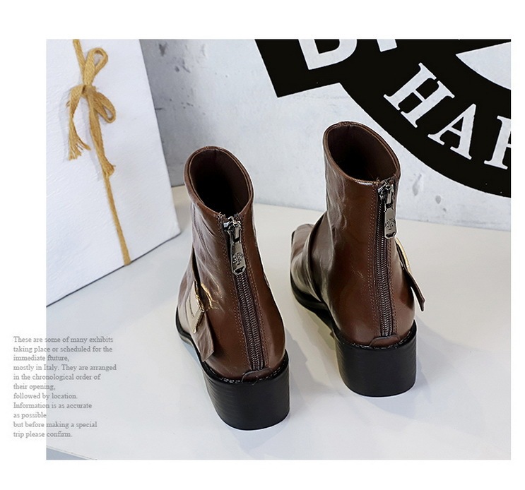 Boot nữ cổ thấp gót vừa mũi nhọn khóa kim loại phong cách Âu Mỹ — Lớp lót nhung đen, Lớp lót nhung màu nâu sẫm, Màu đen, Màu nâu đậm