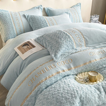 2024 Winter Entry Luxury Milk Velvet Four-piece Coral Velvet Rabbit Fur Thickened Quilt Cover Bed Sheet Bed Linen